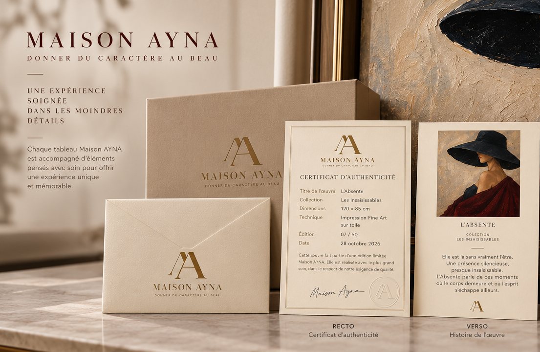 Coffret Maison AYNA, enveloppe et certificat d'authenticité recto verso